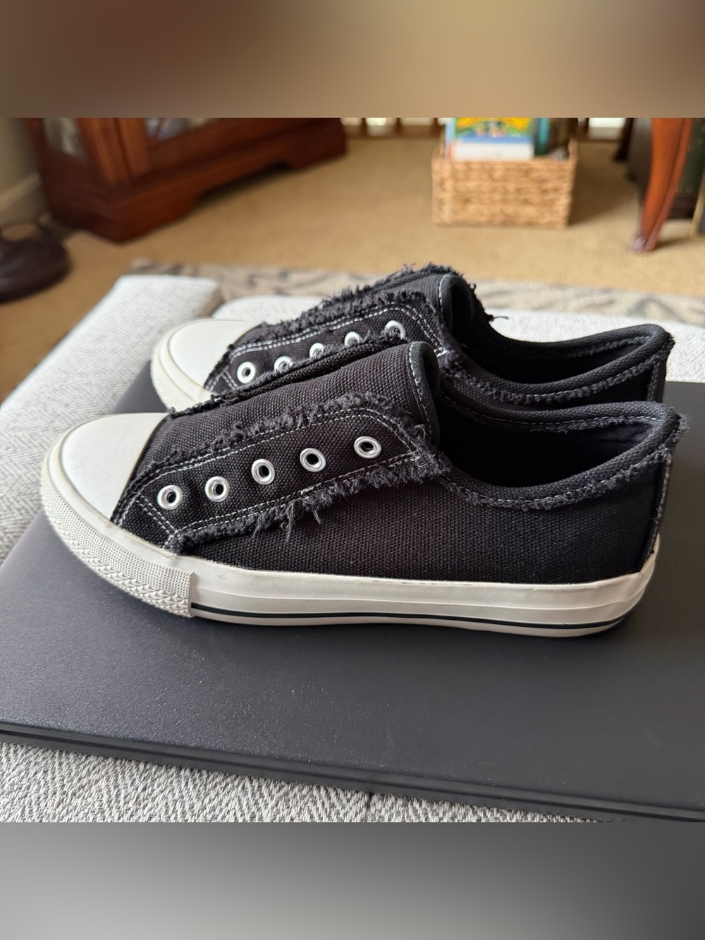 Sincerely Jules Black Frayed Low-Top Slip-On Sneakers